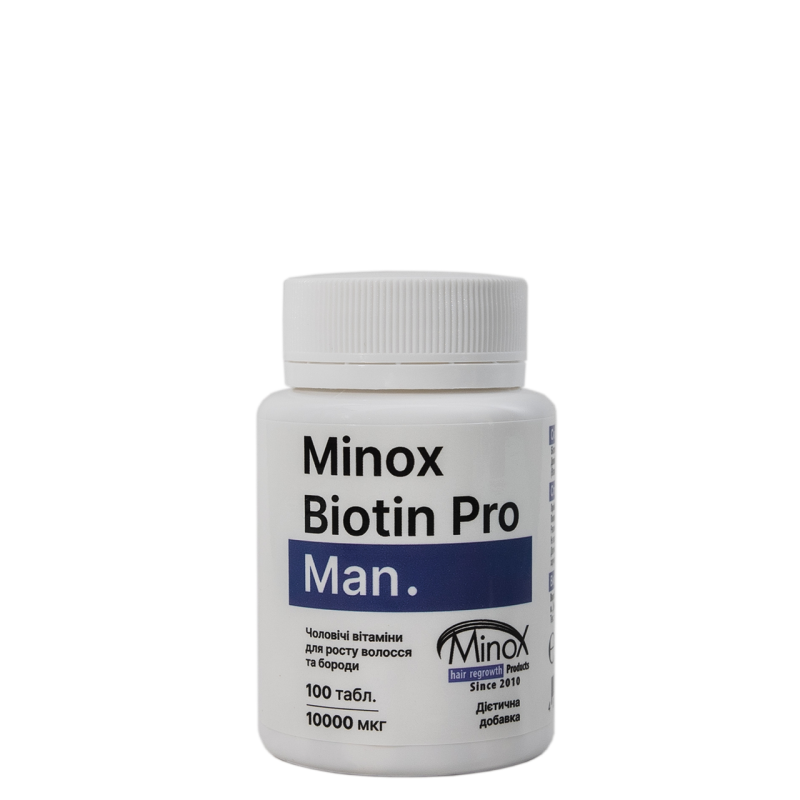Добавка дієтична MinoX Biotin Pro Man - вітаміни для росту волосся та бороди, 100 таб. Добавка дієтична MinoX Biotin Pro Man - вітаміни для росту волосся та бороди, 100 таб.